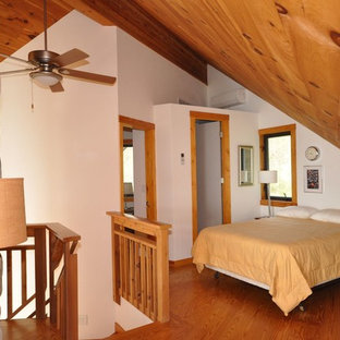 Modelo de dormitorio tipo loft, rural, pequeño, con paredes blancas, suelo de madera clara, chimenea tradicional y marco de chimenea de piedra