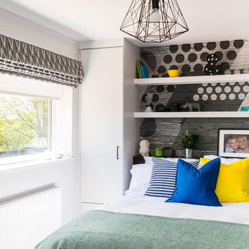 Monochrome Bedroom with Colourful Accessories