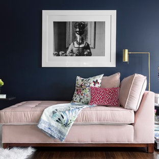 Mid-sized transitional master dark wood floor and brown floor bedroom photo in New York with blue walls and no fireplace