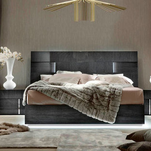 Foto de dormitorio principal, minimalista, grande, con paredes marrones
