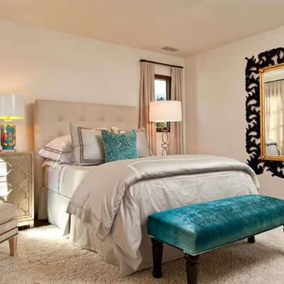 Bedroom - mid-sized mediterranean master dark wood floor bedroom idea in Santa Barbara with beige walls and no fireplace