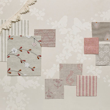 Mood board featuring delicate colourways on soft pinks, greys and creams