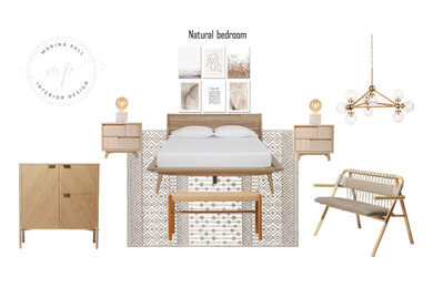 Ejemplo de dormitorio principal nórdico grande con paredes beige, suelo de madera clara y suelo beige