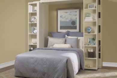 Mid-sized elegant guest medium tone wood floor bedroom photo in Dallas with beige walls