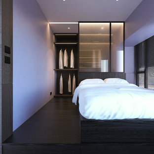 Foto de dormitorio tipo loft, moderno, pequeño, con paredes grises y suelo de madera clara