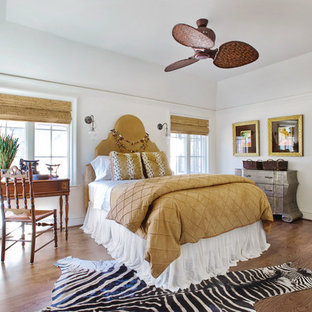 Bedroom - eclectic guest dark wood floor and brown floor bedroom idea in Other with white walls and no fireplace