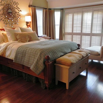 muted colors, plantation shutters, mounted bedside lamps, relaxed, cozy