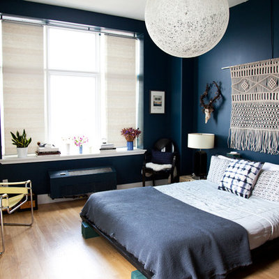 Inspiration for a large modern master light wood floor bedroom remodel in New York with blue walls