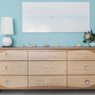 Modelo de dormitorio principal, minimalista, de tamaño medio, con paredes azules, moqueta y suelo gris
