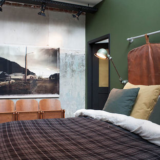 Modelo de dormitorio industrial con paredes verdes