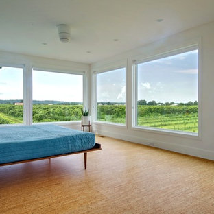 Immagine di una camera da letto contemporanea con pareti bianche e pavimento in sughero