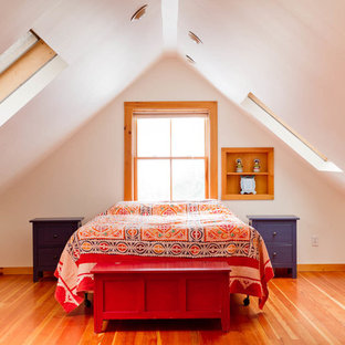 Eklektisches Schlafzimmer ohne Kamin mit weißer Wandfarbe, braunem Holzboden und orangem Boden in New York