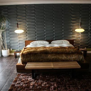 Diseño de dormitorio principal, minimalista, de tamaño medio, sin chimenea, con paredes grises y suelo de baldosas de cerámica