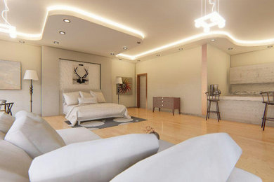 他の地域にある広いモダンスタイルのおしゃれな主寝室 (ベージュの壁、淡色無垢フローリング、白い床、板張り天井)