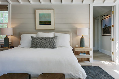 Идея дизайна: хозяйская спальня среднего размера в стиле неоклассика (современная классика) с бежевыми стенами и светлым паркетным полом без камина