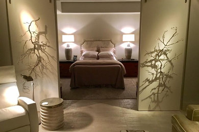 Bedroom - large asian master beige floor bedroom idea in Miami with beige walls and no fireplace