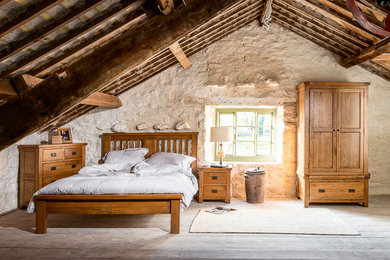 Diseño de dormitorio rural de tamaño medio sin chimenea con paredes blancas, suelo de madera clara y techo inclinado