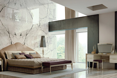 Design ideas for a large contemporary master bedroom in Los Angeles with beige walls, no fireplace and beige floors.