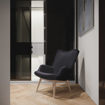 Neo-minimal open-plan wardrobe with armchair