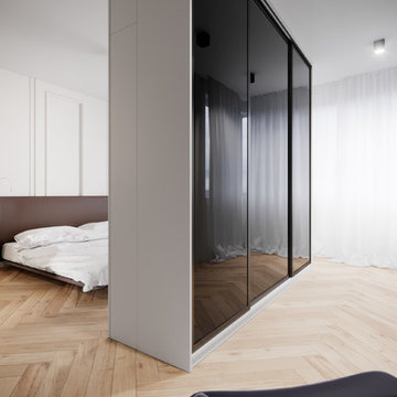 Neo-minimal open plan wardrobe with sliding doors