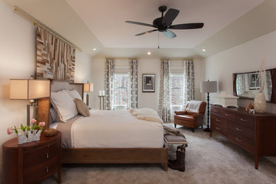 Example of a mid-sized trendy guest carpeted bedroom design in Philadelphia with white walls and no fireplace
