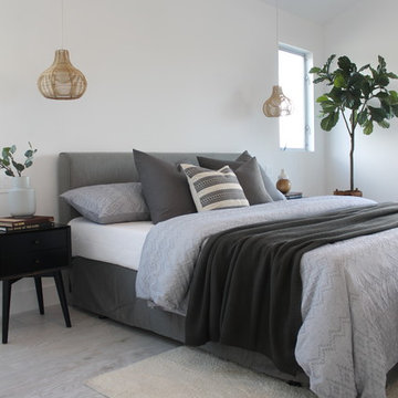 Neutrals and Gray with Basket Pendants Over Nightstands in Master Bedroom