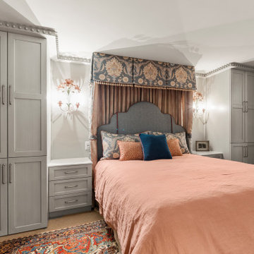 New England farmhouse master bedroom and bath