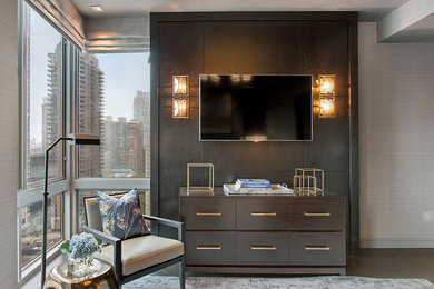 Example of a mid-sized transitional master dark wood floor bedroom design in New York with gray walls