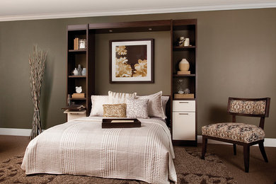 Modelo de habitación de invitados actual de tamaño medio con paredes marrones y moqueta