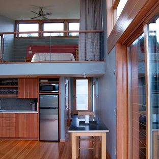 Modelo de dormitorio tipo loft, actual, pequeño, con paredes azules y suelo de madera clara