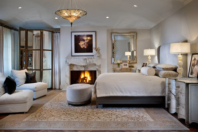 Example of a large classic master medium tone wood floor bedroom design in Orange County with white walls, a standard fireplace and a stone fireplace