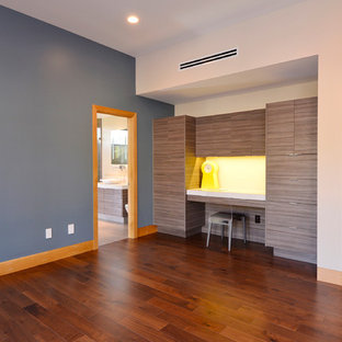Bedroom - mid-sized contemporary master dark wood floor bedroom idea in Orange County with blue walls