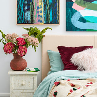 Design ideas for a contemporary bedroom in Melbourne with white walls, carpet and grey floor.