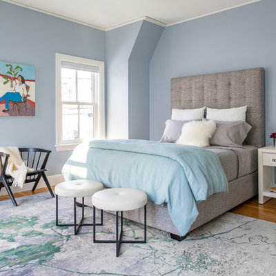 Example of a large transitional master medium tone wood floor and brown floor bedroom design in Boston with blue walls