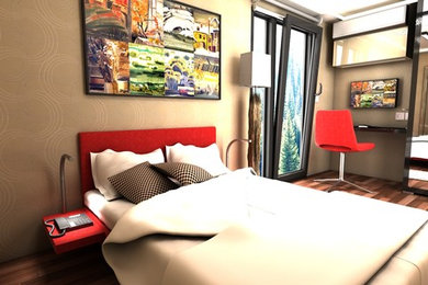 Imagen de dormitorio moderno de tamaño medio con paredes beige, suelo de madera clara y suelo marrón