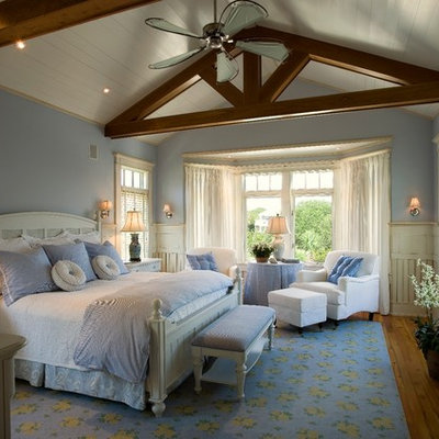 Bedroom - coastal medium tone wood floor bedroom idea in Charleston with blue walls