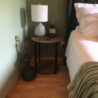 Imagen de habitación de invitados costera, pequeña, con paredes verdes, suelo laminado y suelo naranja