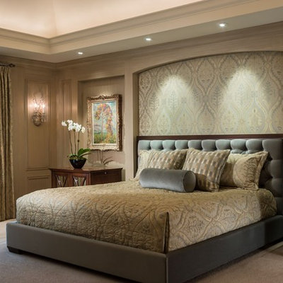 Elegant carpeted bedroom photo in Chicago with beige walls