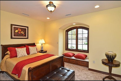 アルバカーキにある中くらいなトランジショナルスタイルのおしゃれな主寝室 (黄色い壁、カーペット敷き、暖炉なし、茶色い床)