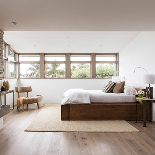 Imagen de dormitorio principal, costero, de tamaño medio, con paredes blancas, suelo de madera en tonos medios, chimenea de doble cara y suelo marrón