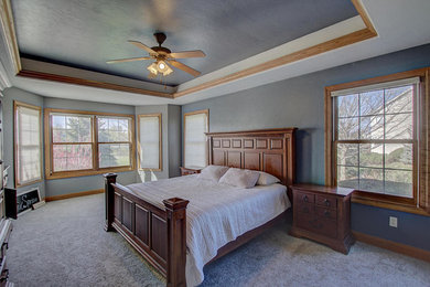 ミルウォーキーにある中くらいなトラディショナルスタイルのおしゃれな主寝室 (カーペット敷き、青い壁)