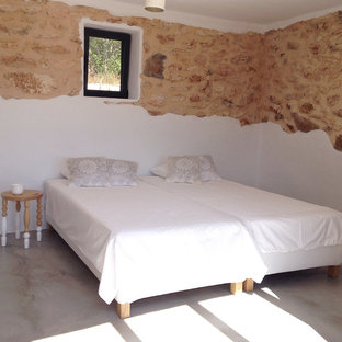 Imagen de habitación de invitados mediterránea, de tamaño medio, con paredes blancas, suelo de cemento, estufa de leña y suelo gris