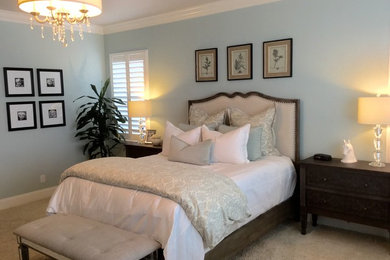 サンディエゴにある中くらいなトランジショナルスタイルのおしゃれな主寝室 (青い壁、カーペット敷き)