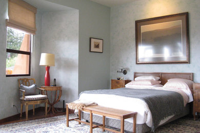 Imagen de dormitorio principal actual de tamaño medio con paredes azules