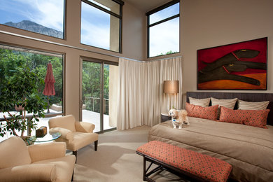 Imagen de dormitorio principal actual con paredes marrones y moqueta