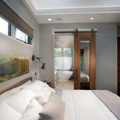 Inspiration for a mid-sized contemporary master dark wood floor and brown floor bedroom remodel in Other with gray walls and no fireplace