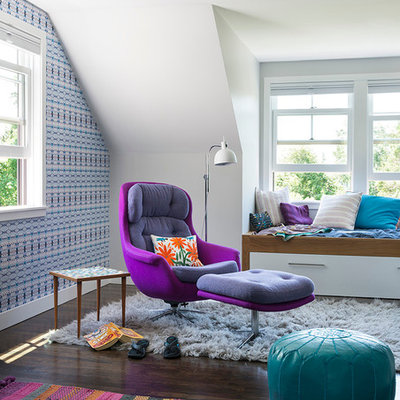Bedroom - coastal dark wood floor bedroom idea in Boston with multicolored walls