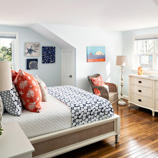 Bedroom - coastal dark wood floor and brown floor bedroom idea in Boston with blue walls