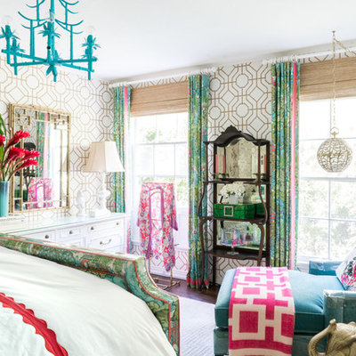 Bedroom - mid-sized eclectic master vinyl floor bedroom idea in Los Angeles with multicolored walls and no fireplace