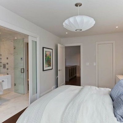 Bedroom - contemporary master dark wood floor bedroom idea in Huntington with white walls